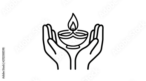 Minimalist Black and White of Hands Holding a Lit Diya Oil Lamp Symbolizing Peace and Spirituality