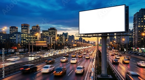 Empty white billboard mockup on metal pole stands above busy traffic in motion blur cars with cinematic environment lighting under dusk sky