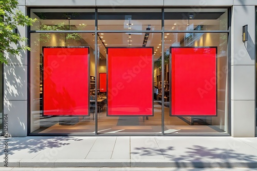 Outdoor storefront glass display window divided into three metal frames with each frame has a hanging blank red sign mockup bathed in natural light