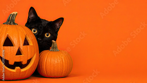 A cute black cat peeking from behind a carved jack o lantern pumpkin on a bright orange halloween background