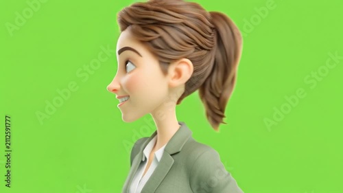 A successful 3D-modeled businesswoman with a joyful expression is shown standing and giving a thumbs-up; she has brown hair and is set against a green background.