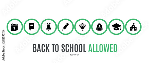 Minimalist green allowed icon set with back to school symbols. Vector editable template