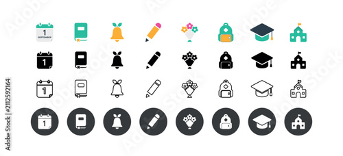 Different styles back to school icons set in color, white, black, and outline design