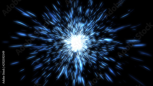 Konstfotografi Abstract energetic blue particle burst background with bright central light sour