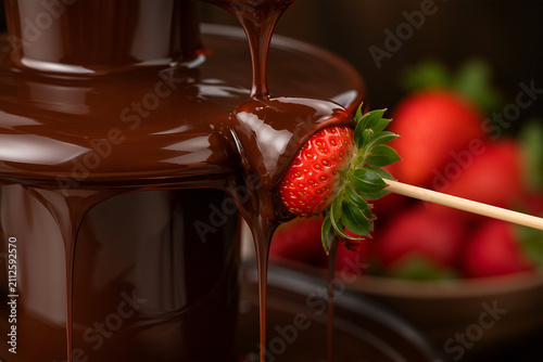 Chocolate fountain with strawberry being dipped in melted chocolate  
