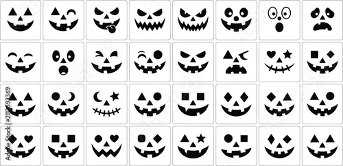 Foto A collection of various scary and funny jack o lantern pumpkin carving face sten