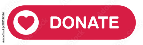 Fotografie Donate Button with Heart Icon: A vibrant red button with rounded corners displays the word DONATE in white, accompanied by a white heart icon on the left, symbolizing generosity and charitable giving