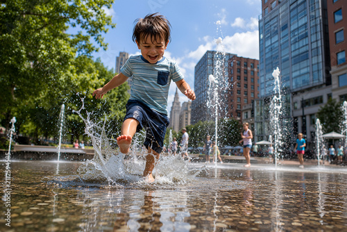 Young boy splashing barefoot in city fountain on sunny day  