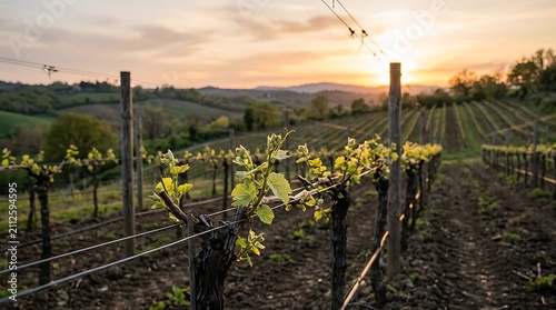 Young grapevines growing in a rural vineyard at sunset