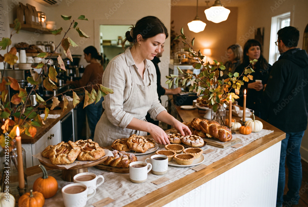Fototapeta premium Woman arranging pastries and drinks on a table in a cozy café 