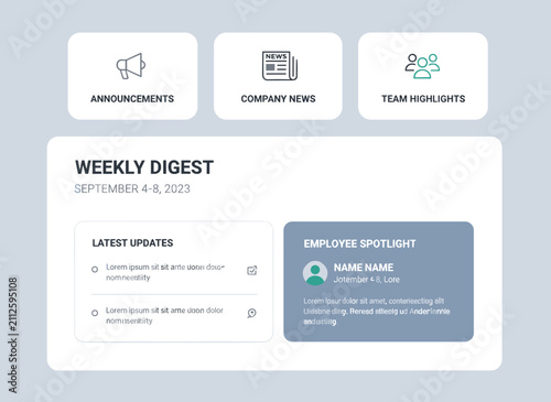Internal communication platform displaying a weekly digest, featuring company announcements, news, team highlights, and an employee spotlight.