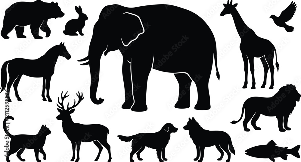 Obraz premium Wild Animals Silhouette Set, Bear Elephant Giraffe Horse Deer Lion Dog Icons Isolated on White