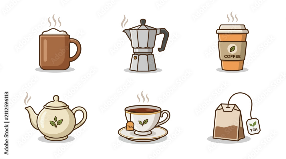 Obraz premium Flat vector icon set of coffee and tea drinks with mug, moka pot, paper cup, teapot, cup, and tea bag