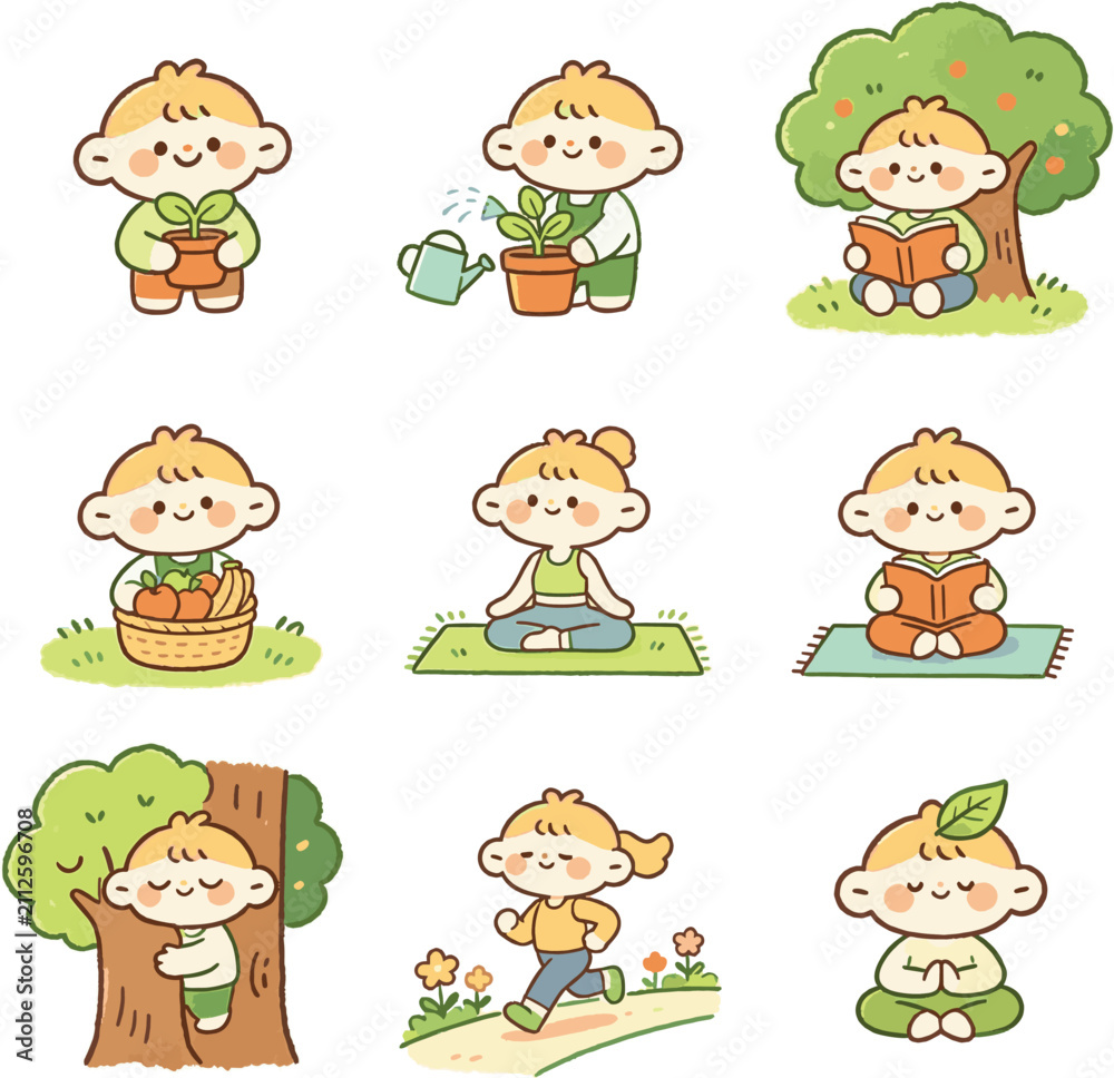 Obraz premium Cute Kids Nature, Gardening, Reading and Healthy Lifestyle Illustration Set 