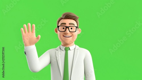 A 3D doctor is standing and waving their right hand, wearing a happy smile, set against a green background.