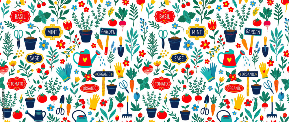 Naklejka premium Whimsical Garden Pattern with Plants, Tools, and Watering Can
