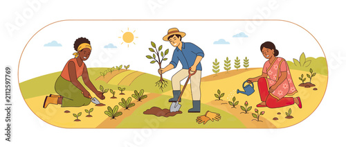 Foto Diverse farmers planting trees and nurturing crops in a sunny field