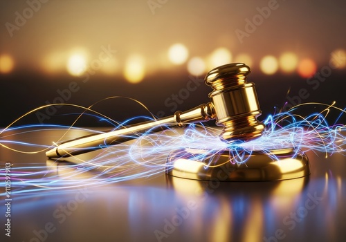A polished golden gavel rests on a sleek surface with glowing digital light trails and a warm bokeh background representing modern justice, bokeh, golden, gavel