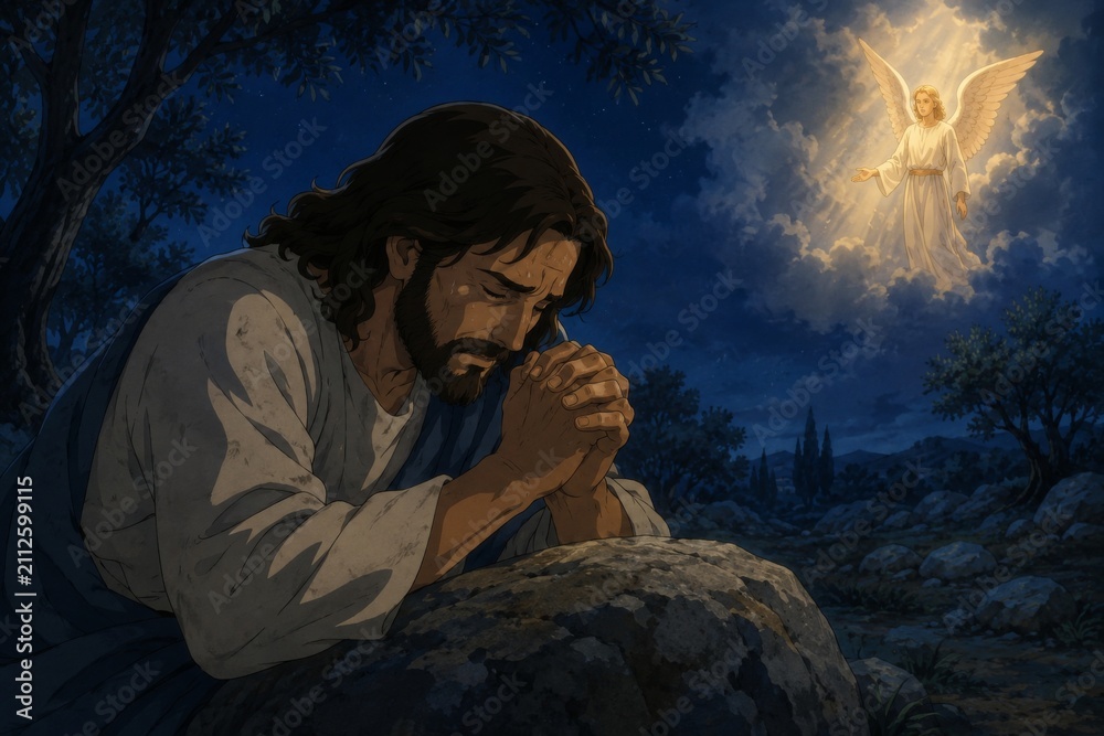 Obraz premium Jesus man praying in Gethsemane garden with angel appearing in night sky. Biblical scene depicting spiritual devotion and faith. Religious illustration for Easter or Christmas holiday.
