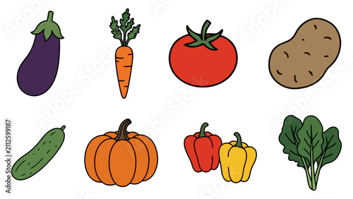 Set of colorful hand drawn vegetable icons including carrot tomato potato pumpkin and eggplant Vector