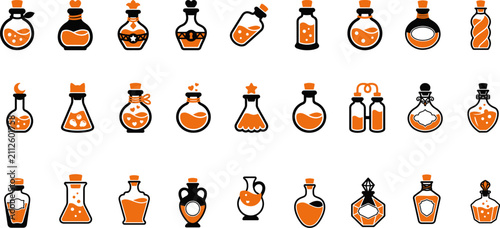 Fotografía Set of hand drawn magic potion bottles and glass flasks with various shapes for