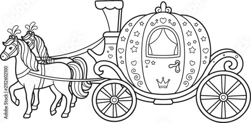 Obraz na płótnie Black and white line of a fairy tale pumpkin carriage pulled by two horses, feat