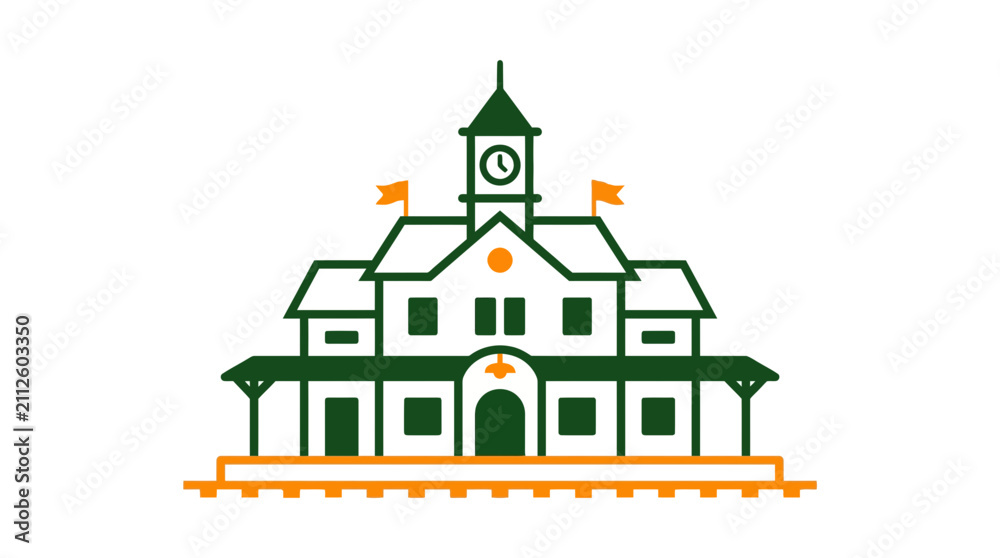 Naklejka premium Vintage Train Station Building with Clock Tower and Flags, Flat Design