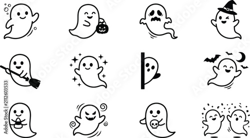 Fotografie Ghost illustrations a collection of black and white line art depictions on a whi