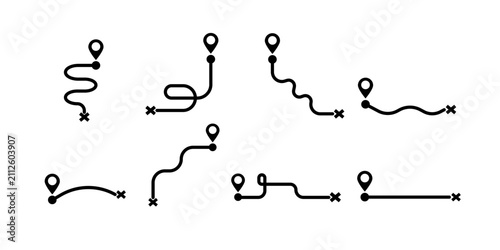 Map route line icons set with destination pin. Winding path, journey and navigation symbols. Vector location track illustration