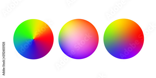 Rainbow color gradient spheres set. Conical, radial and linear vibrant gradients