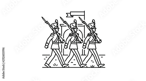 Fotografía Industrial Style Line Drawing of Four Military Soldiers Marching with Rifles and