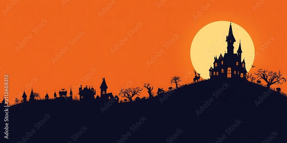 Fototapeta premium Spooky silhouette of a haunted castle on a hill against a bright orange full moon