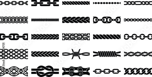 Chain and rope patterns seamless borders vector illustration set