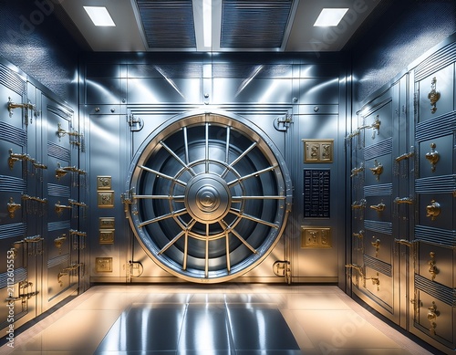 secure bank vault interior featuring a robust metal door safety deposit boxes visible through a round glass partition and highly polished surfaces reflecting ambient light