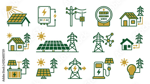 Принти на полотні Solar Power Energy Icons: Renewable Electricity, Grid Connection, Home Systems