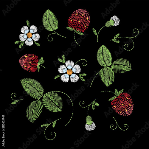 Embroidered strawberry flowers leaves pattern set. Traditional folk art needlework style floral botanical design. Clothing printing towel bags covers cases textiles packaging branding. Black 