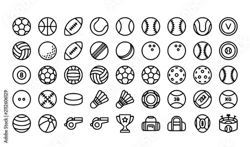 Sports Ball Outline Icon Collection with Football Basketball Tennis Baseball and Athletic Equipment Vector