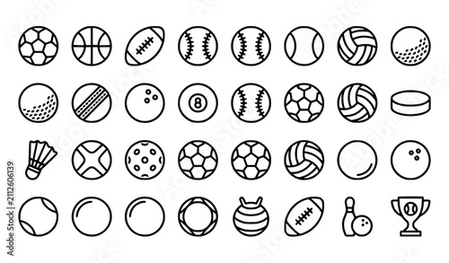 Sports Ball Thin Line Icon Set with Soccer Basketball Football Tennis Baseball and Volleyball Editable Stroke Vector