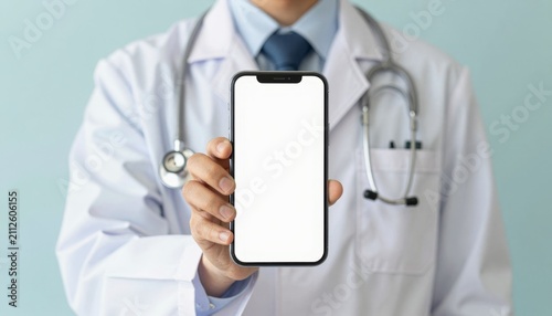 Doctor holding a blank smartphone screen for medical application advertisement