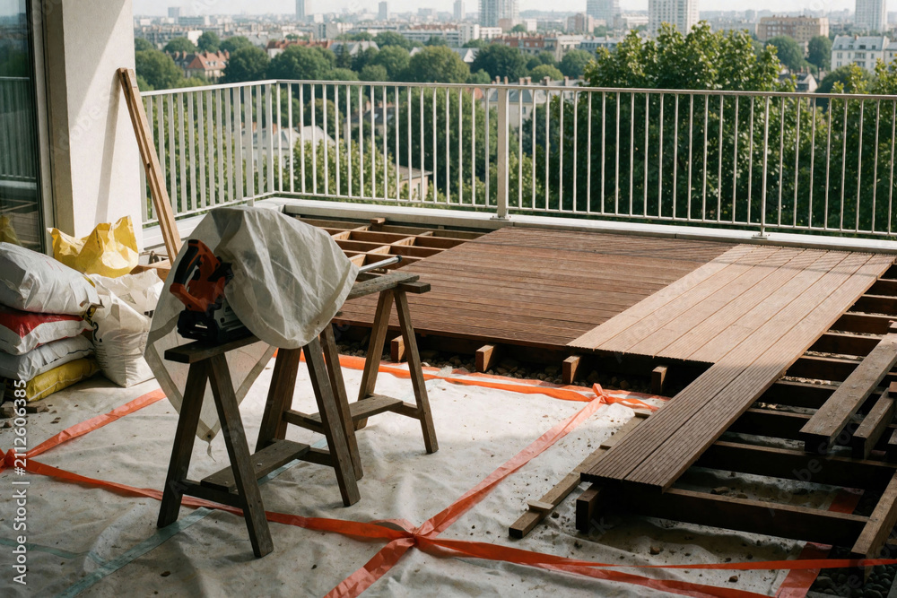 Obraz premium Builder constructs new wooden terrace on city balcony. Carpenter installs brown timber deck floor planks outdoors. Home renovation project with modern materials, manual tools on house rooftop.