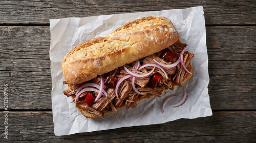 Pulled pork sandwich with red onion slices and spicy sauce on a fresh baguette served on white parchment paper on a wooden table