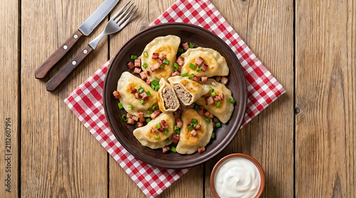 Polish pierogi dumplings with fried bacon bits and green onions in a dark bowl on a red and white checkered napkin with sour cream nearby