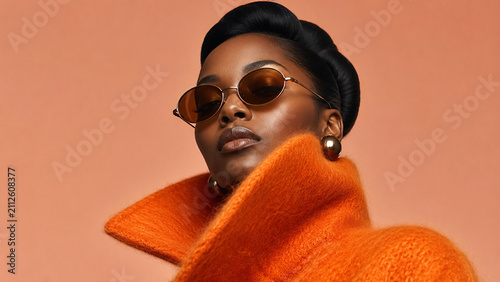 Woman in an orange fur coat and amber sunglasses. Ideal for fashion editorials, eyewear campaigns, winter ads, luxury branding and posters.