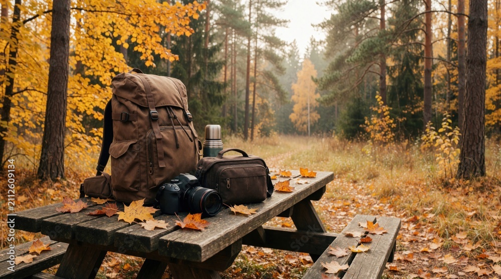 Naklejka premium Brown backpack with camera bag, metal thermos sit on rustic wooden picnic table in autumn forest. Orange foliage covers ground near trees. Travel gear stays on bench during fall hike. Active