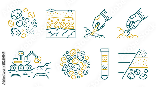 фотографія Geology Exploration Icons: Rocks, Soil Layers, Rover, Testing