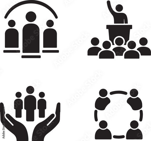 Premium collection of four original civic rights and public participation icons with clean modern silhouettes.