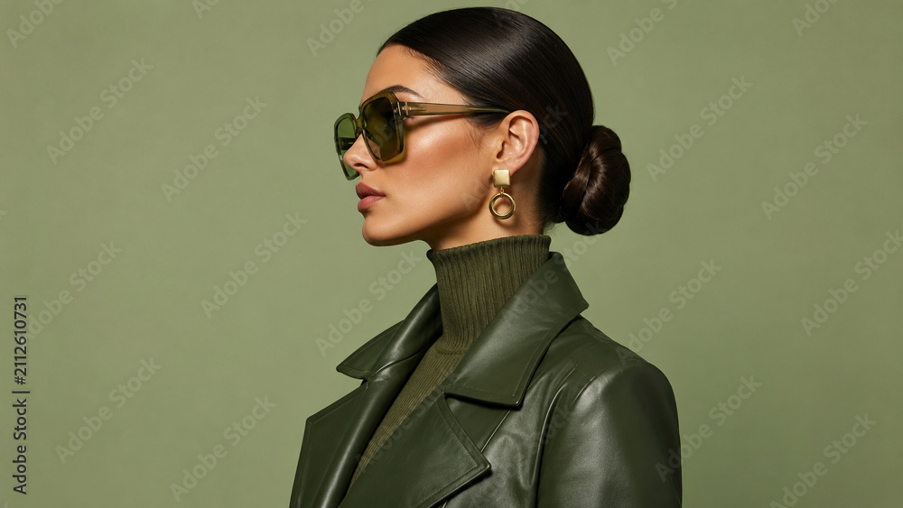 Naklejka premium Woman in a dark green leather jacket and matching sunglasses. Ideal for fashion editorials, eyewear campaigns, luxury branding, beauty ads and posters.