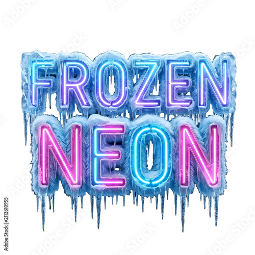 Frozen Neon text effect with icy snow and glowing letters isolated on transparent background