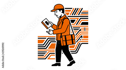 фотографія Delivery man with package, orange uniform, walking with shoulder bag, modern abs