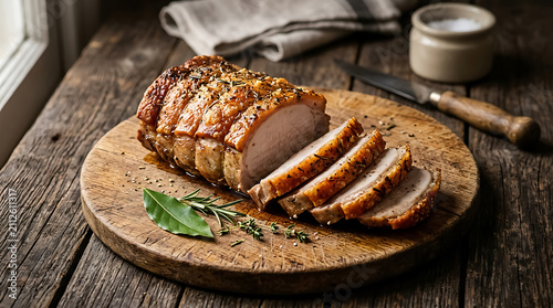 Sliced roasted pork loin with crispy golden skin and fresh rosemary on a wooden cutting board with a knife and salt container on rustic table